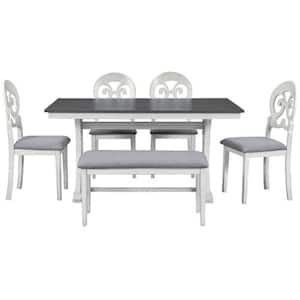 Antique White 6-Piece Wood Vintage Style Round Table Upholstered Chair and Bench Outdoor Dining Set with Gray Cushion