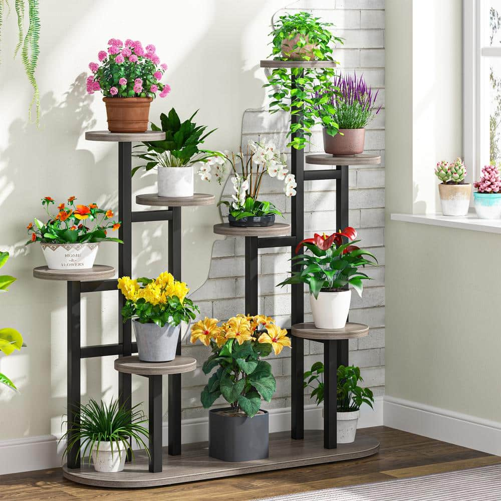 BYBLIGHT Wellston 40 in. Gray Particle Board Indoor Plant Stand 11 ...