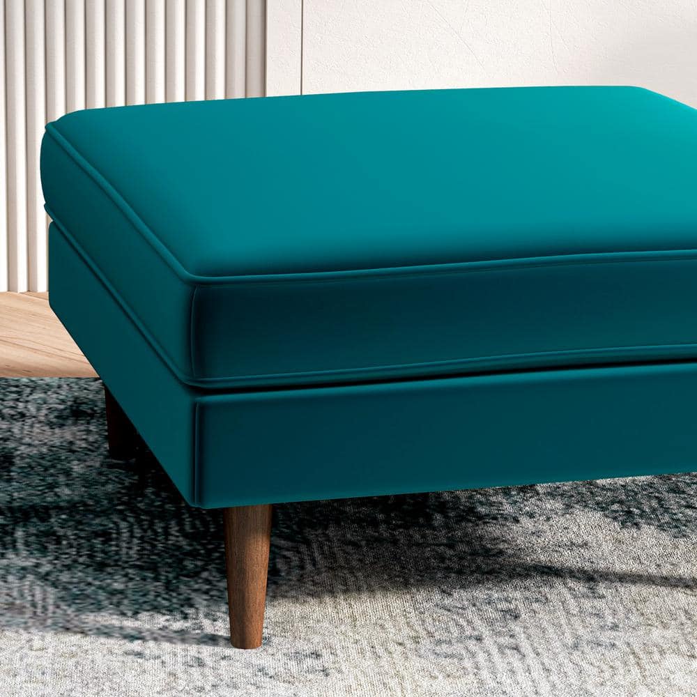 Teal Velvet Mid-Century Modern Square Ottoman with Walnut Legs
