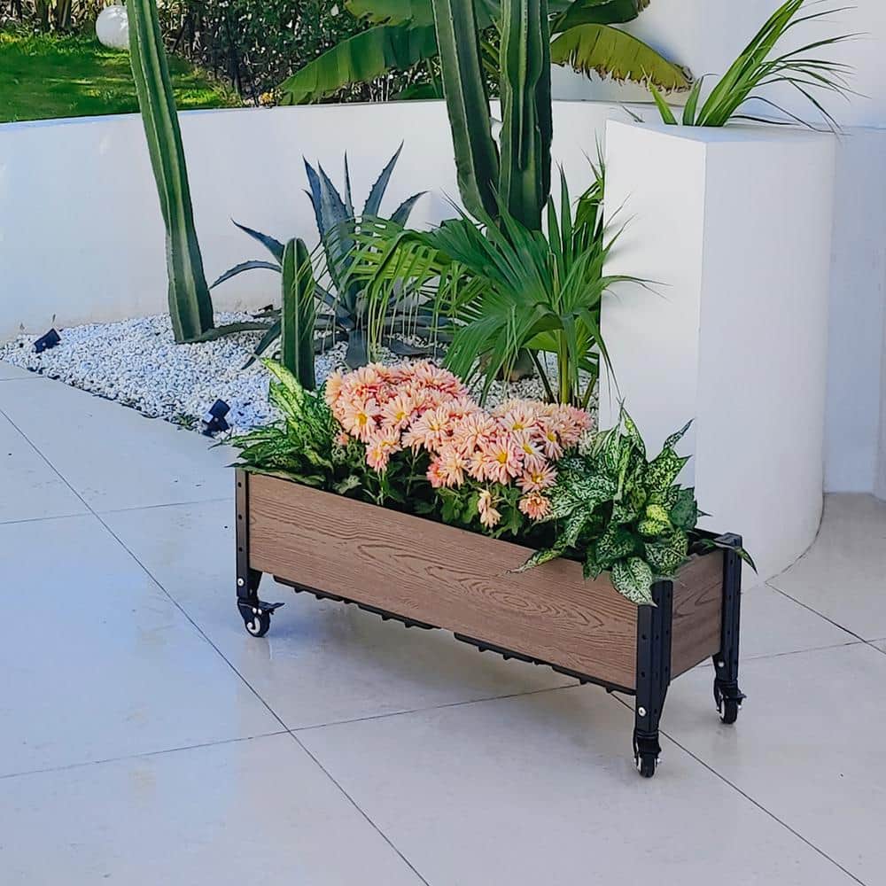 Brown Composite Rolling Planter Box with Black Frame