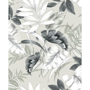 Tropical Leaves Grey and White Vinyl Peel and Stick Wallpaper Roll (Cover 30.75 sq. ft.)