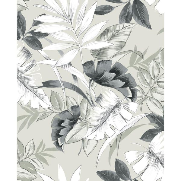 CASA MIA Tropical Leaves Grey and White Vinyl Peel and Stick Wallpaper Roll (Cover 30.75 sq. ft.)