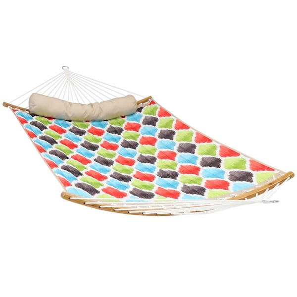 Sunnydaze 11 ft. Quilted 2-Person Hammock Bed with Curved Bamboo Bars, 450 lbs. Weight Capacity in Vivid Multi-Color Quatrefoil
