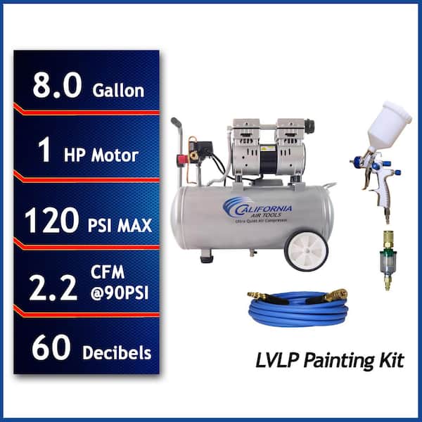 California Air Tools 8010PK 8 Gal. 1 HP 120 PSI Portable Electrical Horizontal Air Compressor and LVLP Spray Painting Kit