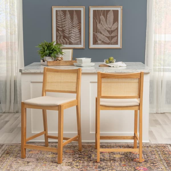 Lewis 25.25 in. Natural Cane Low Back Wood Counter Stool with Fabric Seat Set of 2