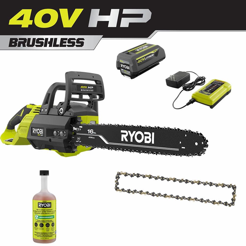 RYOBI 40V HP Brushless 16 in. Battery Chainsaw w/ Extra Chain, Biodegradable Bar & Chain Oil, 4.0 Ah Battery & Charger -  RY40550-CMB1