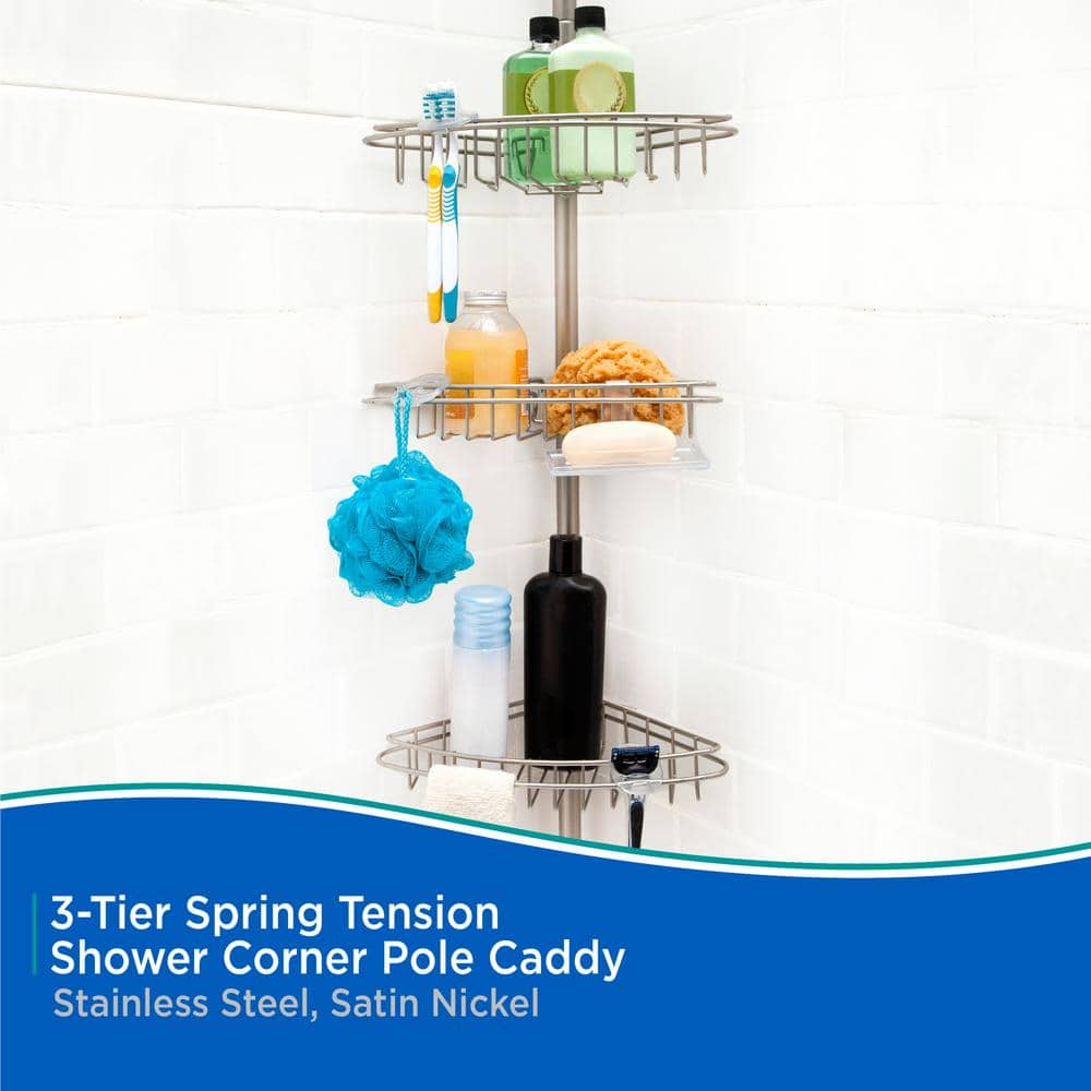 5 ft. to 9 ft. Adjustable 3-Tier Rust-Proof Stainless Steel Spring Tension Shower Corner Pole Caddy in Satin Nickel