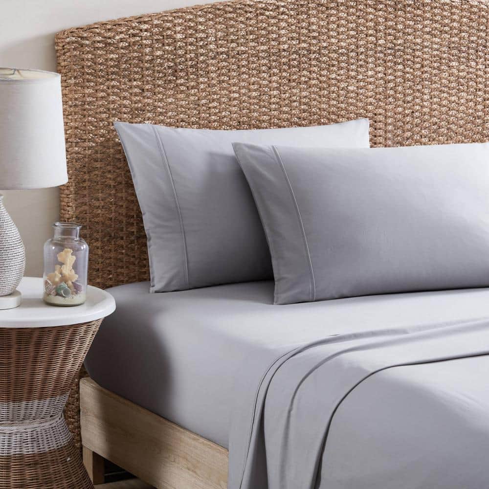 Queen Gray Organic Cotton Embroidered Percale Sheet Set