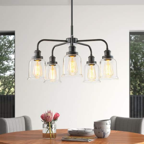 RRTYO Madison 5-Light Mid-Century Modern Matte Black Linear Sputnik Chandelier with Clear Glass Shade