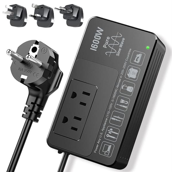 1600W 220V to 110V Voltage Converter, US to Europe International Travel Adapter, Black Universal Power Plug Adapter