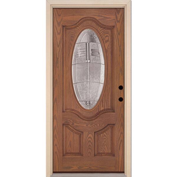 Feather River Doors 37.5 in. x 81.625 in. Rochester Zinc 3/4 Oval Stained Medium Oak Left-Hand in Fiberglass Prehung Front Door
