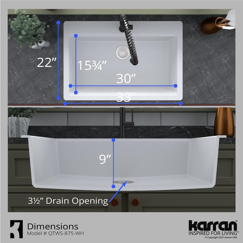 White Quartz 33'' Single Bowl Drop-in Kitchen Sink