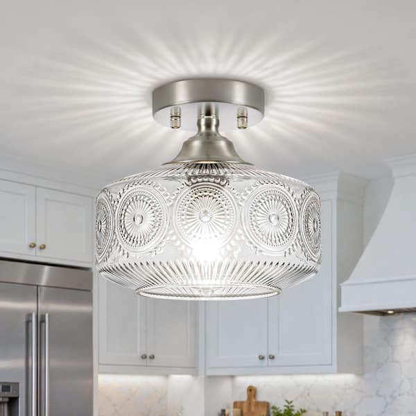 BeamHaven 9.5 in. Drum Brushed Nickel Vintage Semi-Flush Mount Light with Flower for Kitchen Dining, Height Adjustable
