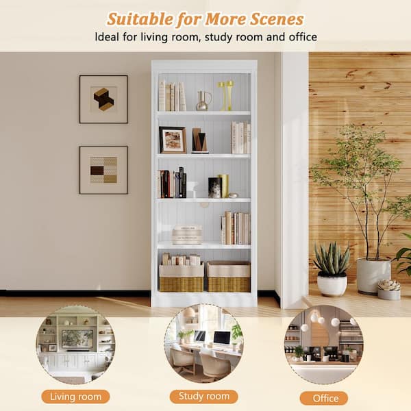 White 83.4 in. Tall Wood Home Office 5-Shelf Standard Bookcase with Adjustable Shelves