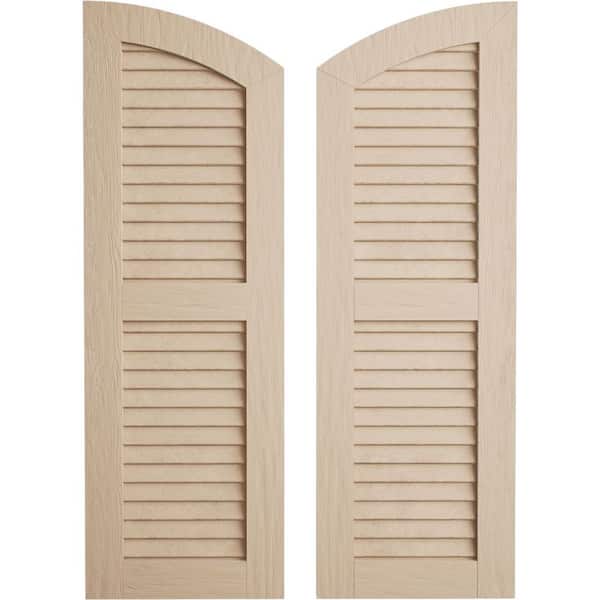 Ekena Millwork 12 in. x 68 in. Polyurethane Rough Sawn Two Equal Louver w/Elliptical Top Faux Wood Shutters (Per Pair), Primed Tan