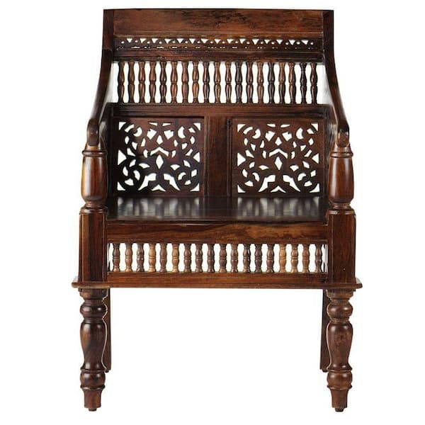 Home Decorators Collection Maharaja Walnut Brown Wood Hand-Carved Arm Chair