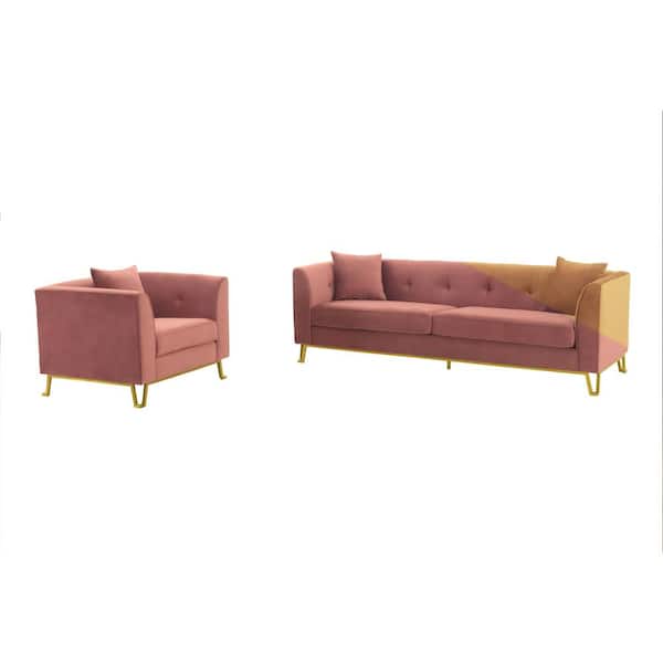 Armen Living Everest 90 in. W 2-Piece Pink/Gold Fabric Upholstered Sofa and Chair Set