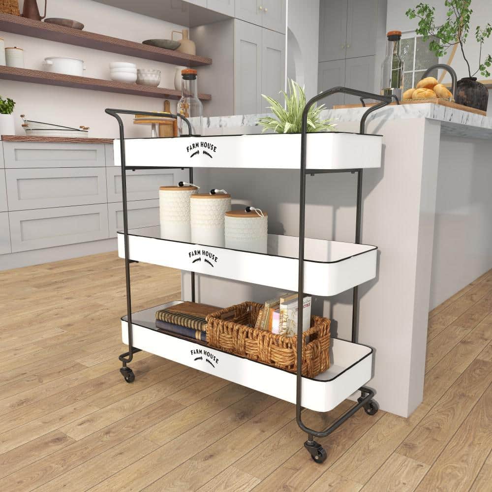 White Metal Rolling Utility Cart with Black Accents and Farmhouse Design