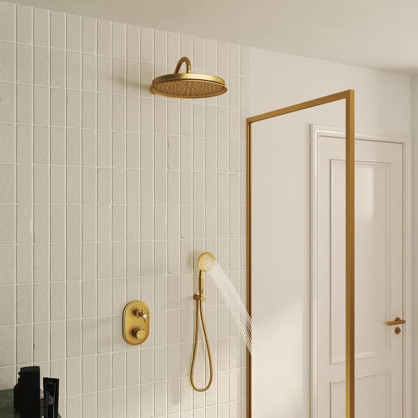 Classical Style 2-Spray 10 in. Round Rain Shower Head and Handheld Shower Head in Brushed Gold