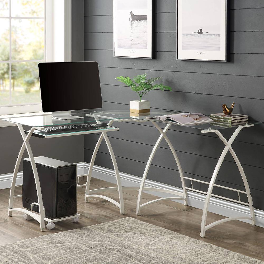 White L-Shaped Glass Computer Desk with Keyboard Tray