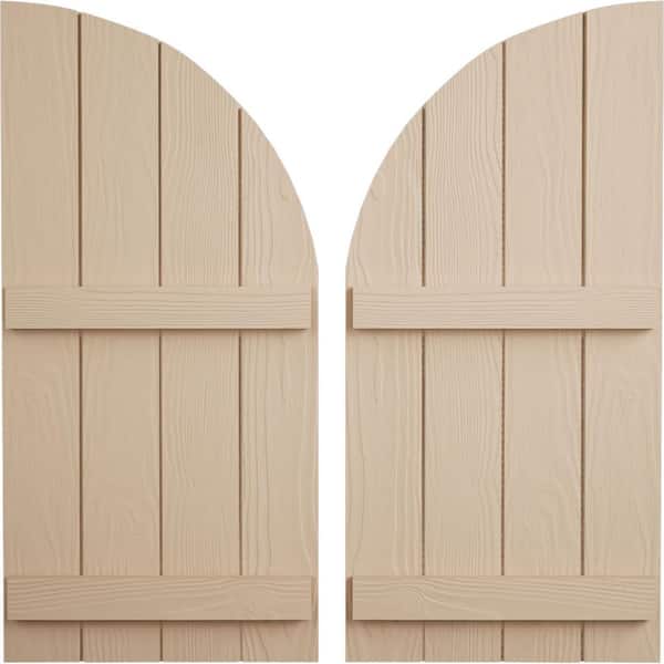 Ekena Millwork 22 in. x 62 in. Polyurethane Sandblasted Four Board Join.ed Board-n-Batten Quarter Arch Top Shutters Primed Tan