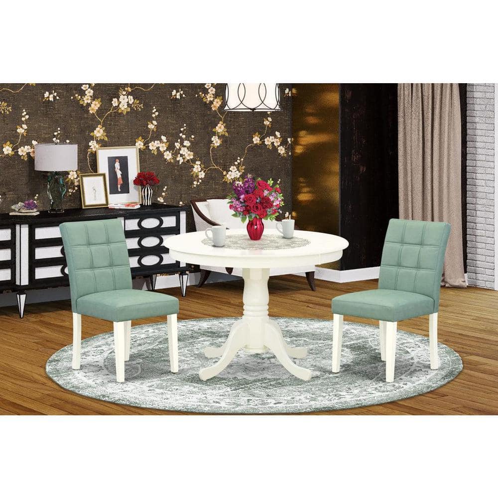 Linen White Round Pedestal Dining Table Set with Willow Green Faux Leather Chairs