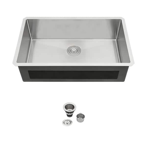 33 in. Undermount Sink Single Bowl 16-Gauge Brushed Stainless Steel Kitchen Sink with Drain Assembly