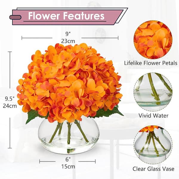9.5 in. Orange Indoor Artificial Hydrangea Flowers in Glass Vase