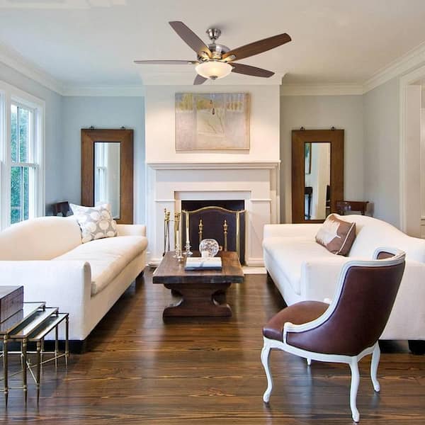 52 in. Indoor Polished Nickel Downrod and Flush Mount Ceiling Fan with Light, Pull Chains, and 5-Reversible Blades