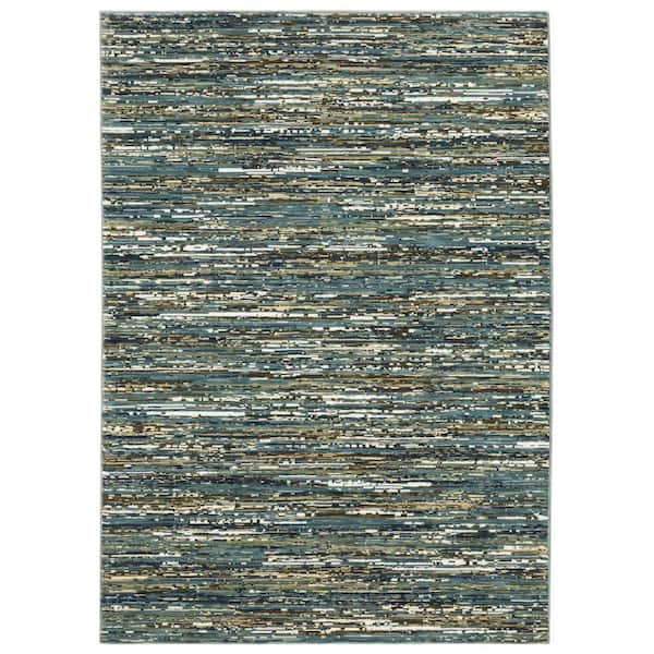 7' X 10' Blue Brown And Ivory Striped Area Rug