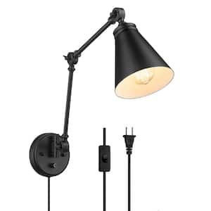 1-Light Black Plug-In Swing Arm Wall Lamp with Metal Shade and 64 in. Cord for Bedroom and Foyer