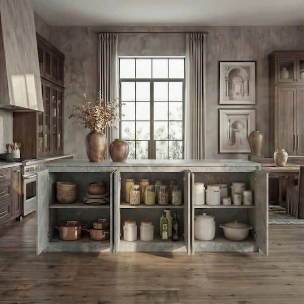 Gray Solieri Marble Finish Wood Top 94.5 in. Kitchen Island with Handleless Beveled Doors and Large Storage