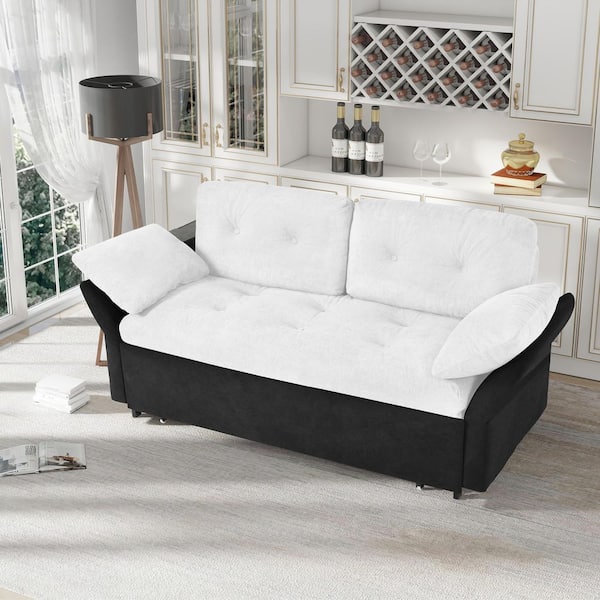 Artisc 74 in. Snow White Chenille 3-in-1 Queen Size Sleeper Sofa Bed with Adjustable Armrests and Side Storage