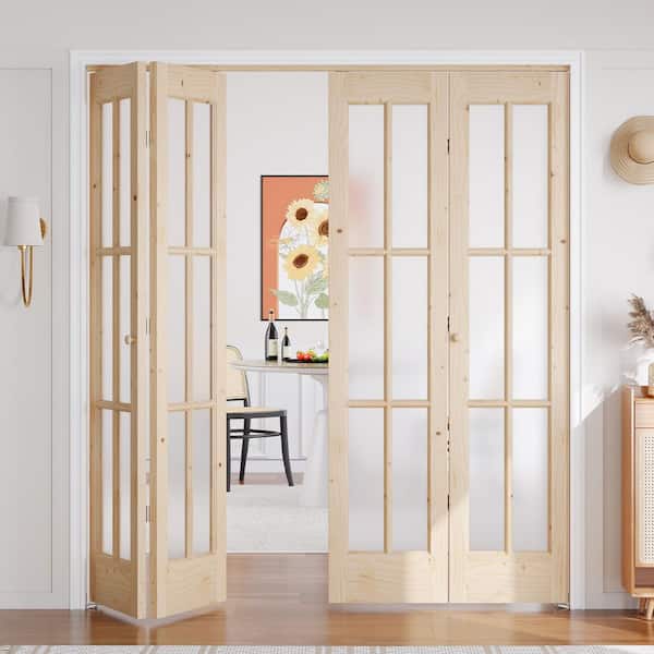 72 in. x 80 in. 6 Lite Pre Assembled Frosted Glass Brown Unfinished Solid Core Wood Bi-fold Door with Hardware