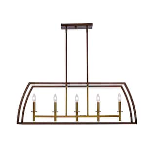 Carmen Too 5-Light Antique Gold and Brushed Brown Linear Chandelier Light Fixture with Metal Cage