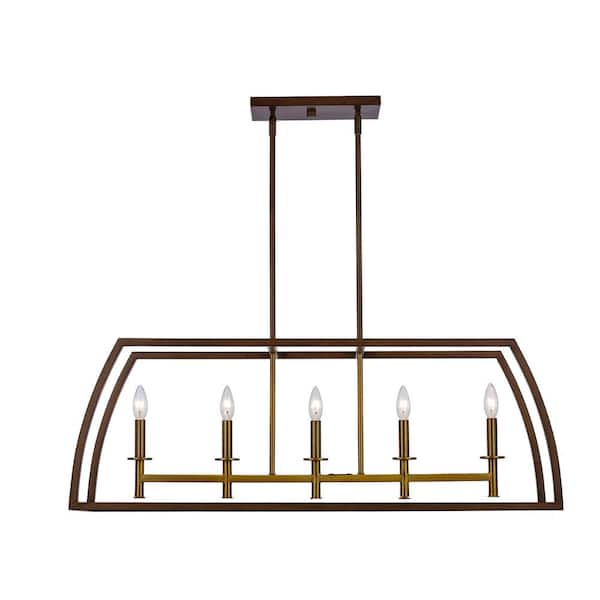 Bel Air Lighting Carmen Too 5-Light Antique Gold and Brushed Brown Linear Chandelier Light Fixture with Metal Cage