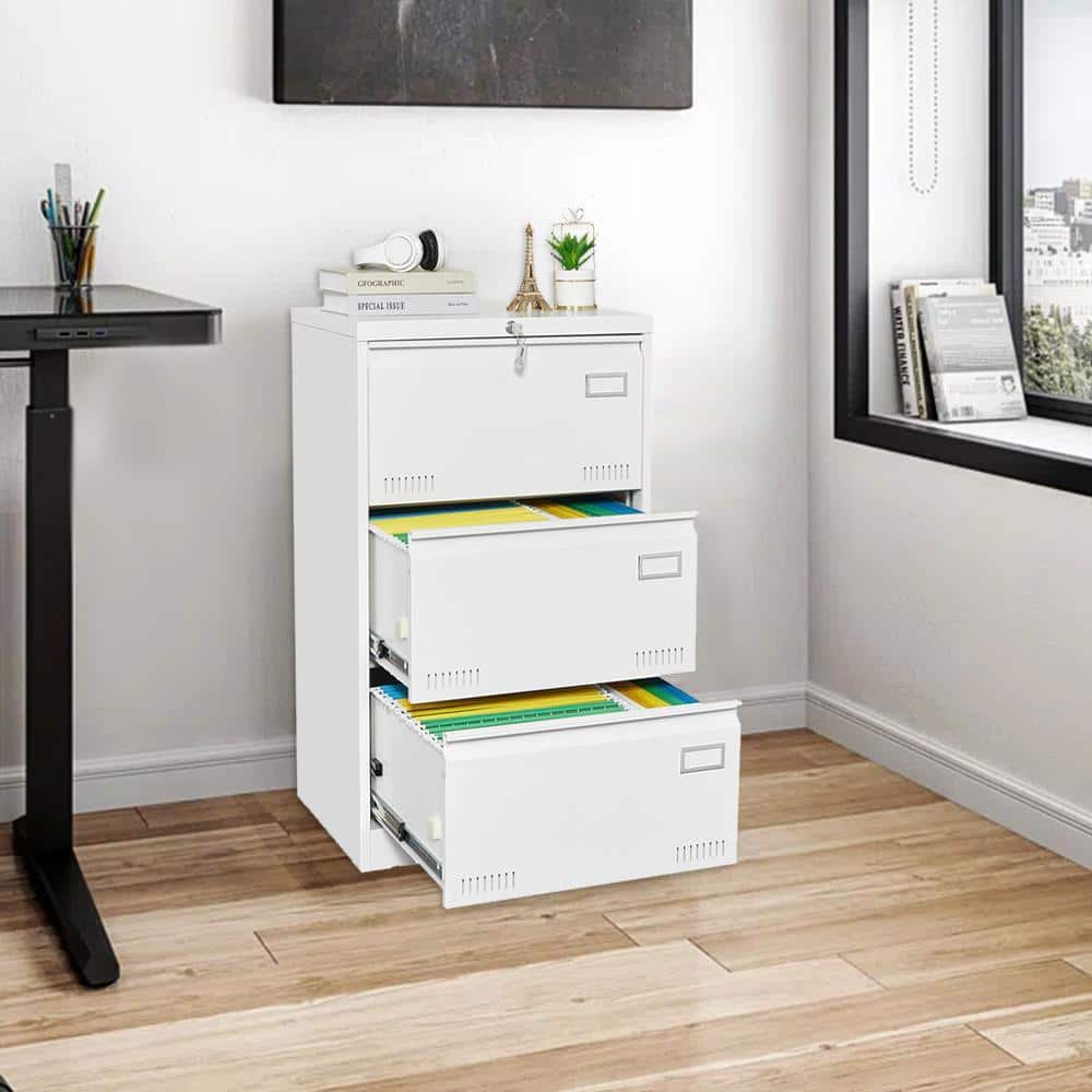 White 40 in. H Office Storage Cabinet, Locking Metal File Cabinet with 3 Drawers