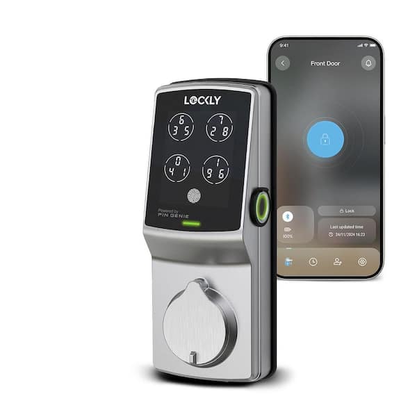 Secure Plus Satin Nickel Bluetooth Single Cylinder Deadbolt Smart Lock with 3D Fingerprint, Works with Hey Google/Alexa