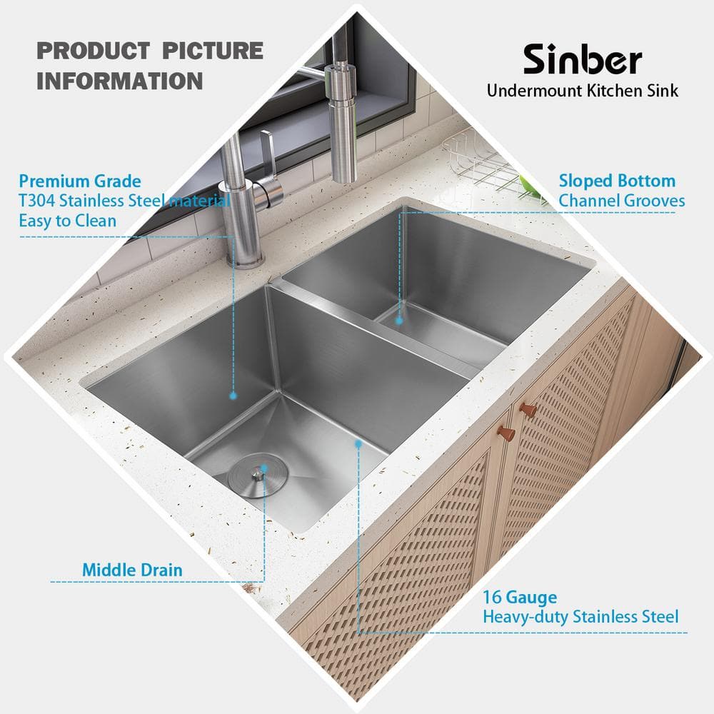 Sinber 32" Stainless Steel Double Bowl Drop-in Kitchen Sink