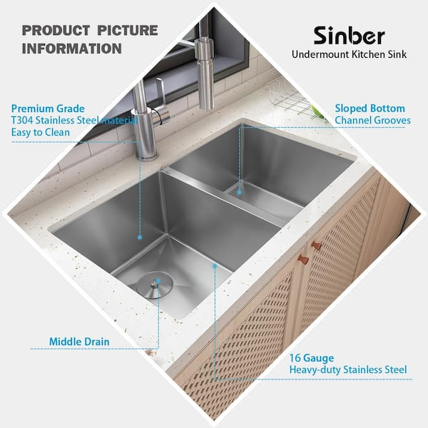 Stylish S-321XG 32 inch Slim Low Divider Double Bowl Undermount Stainless Steel Kitchen Sink