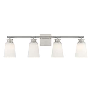 31 in. W x 9.5 in. H 4-Light Brushed Nickel Bathroom Vanity Light with Frosted Glass Shades