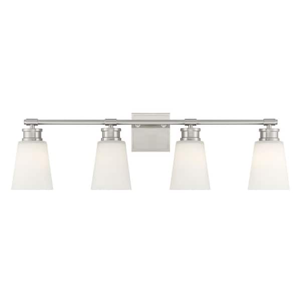 TUXEDO PARK LIGHTING 31 in. W x 9.5 in. H 4-Light Brushed Nickel Bathroom Vanity Light with Frosted Glass Shades
