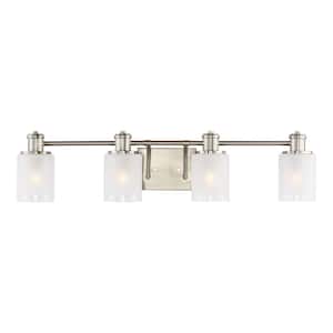 Norwood 33.875 in. 4-Light Brushed Nickel Vanity Light with Clear Highlighted Satin Etched Glass Shades