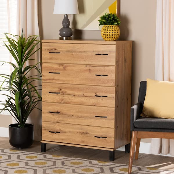 Baxton Studio Maison 5 Drawer Oak Brown Chest of Drawers 44.27 in