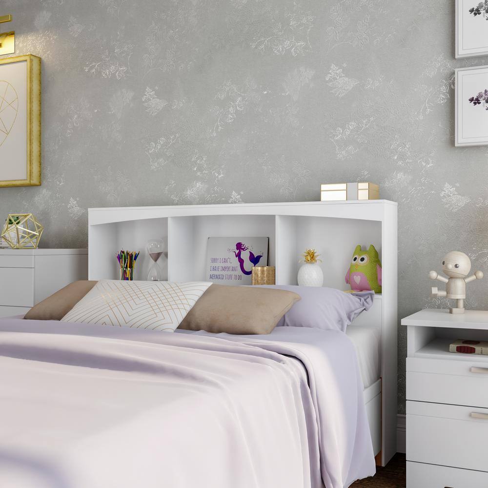 Full White Wood Bookcase Headboard with Storage