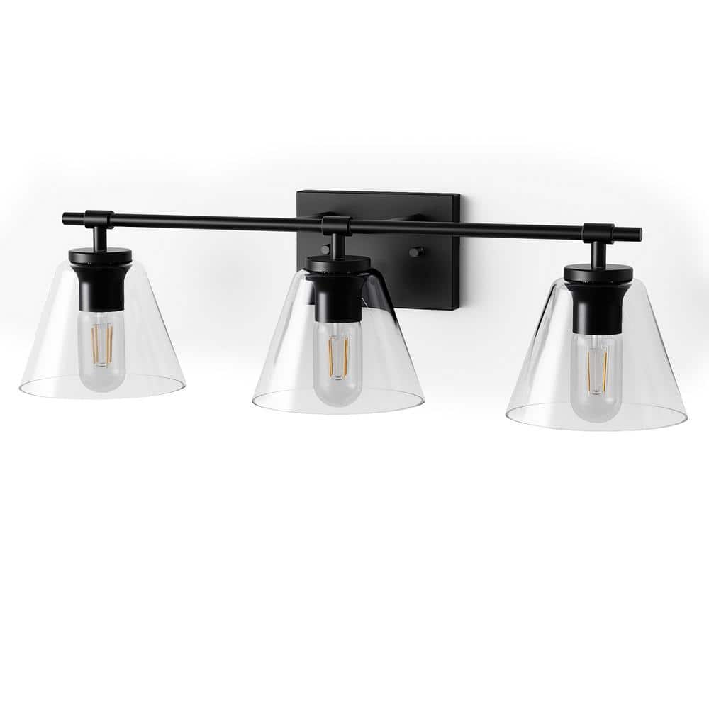 25 in. 3-Light Matte Black Cone Vanity Light with Clear Glass Shade for Bathroom Dimmable price history on PriceWatchPro