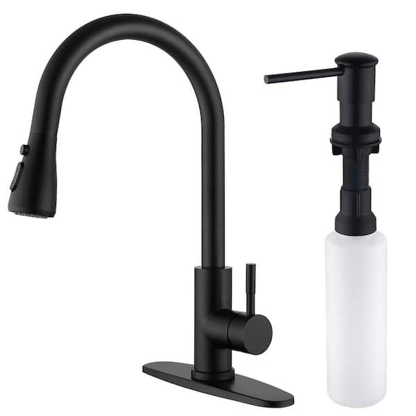 Single Handle Pull Down Sprayer Kitchen Faucet with Soap Dispenser in Stainless Steel Matte Black