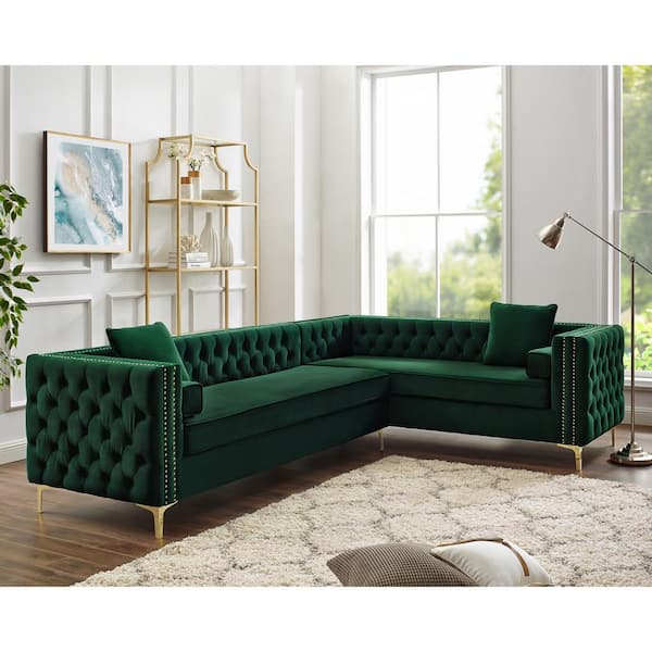 Inspired Home Olivia Hunter Green/Silver/Gold Velvet 4-Seater L-Shaped Right-Facing Sectional Sofa with Nailheads
