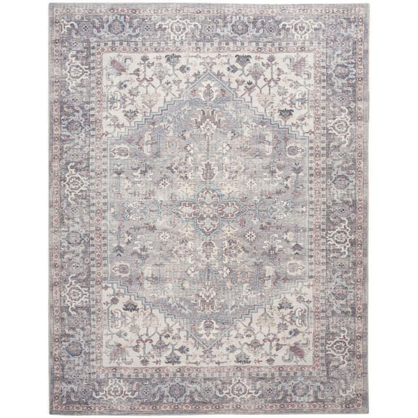 57 Grand Machine Washable Gray 9 ft. x 12 ft. Bordered Traditional Area Rug