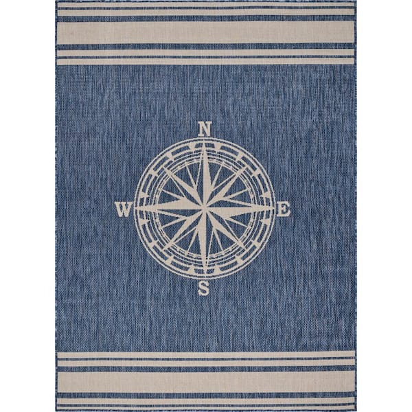 LR Home Naira Nautical Navy Blue/White 5 ft. 3 in. x 7 ft. Navigation Polypropylene Indoor/Outdoor Area Rug